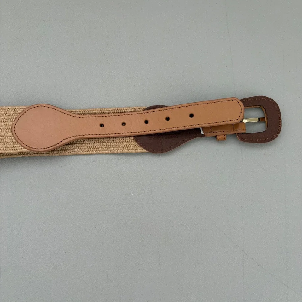 Banana Republic Tan Woven Straw Leather Trim Stretch Waist Belt Small Boho